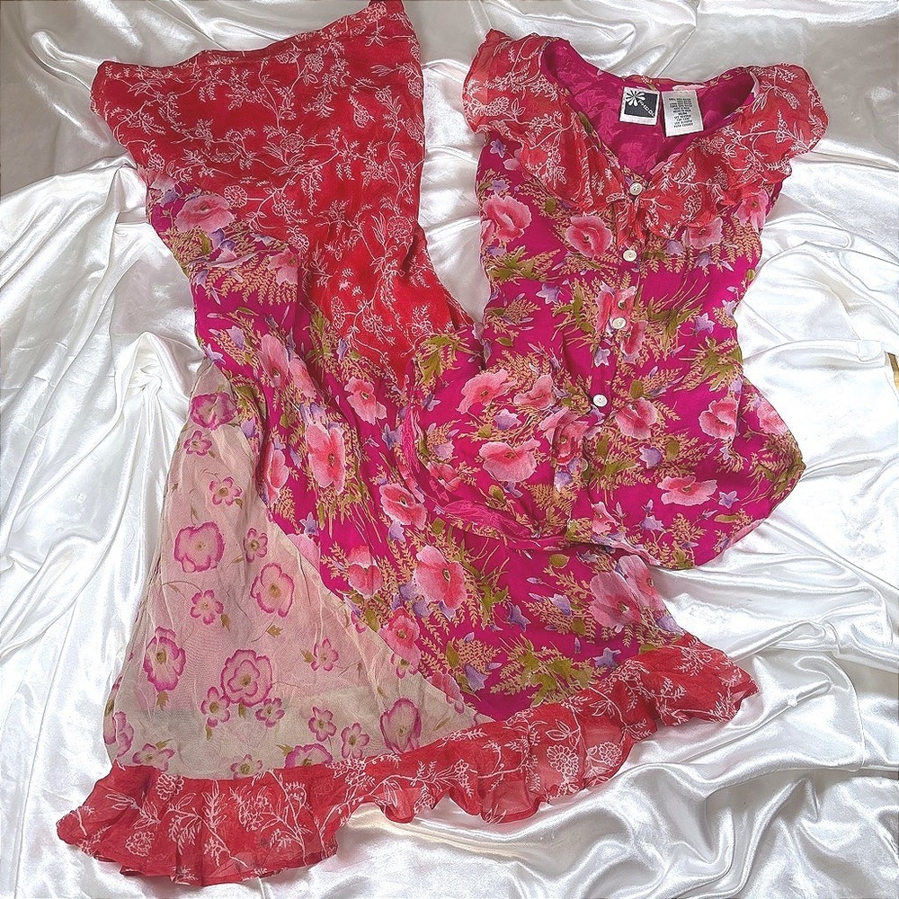 y2k Phool Floral Skirt Set Pink Good Ruffle Rayon Maxi 2 Piece Vintage